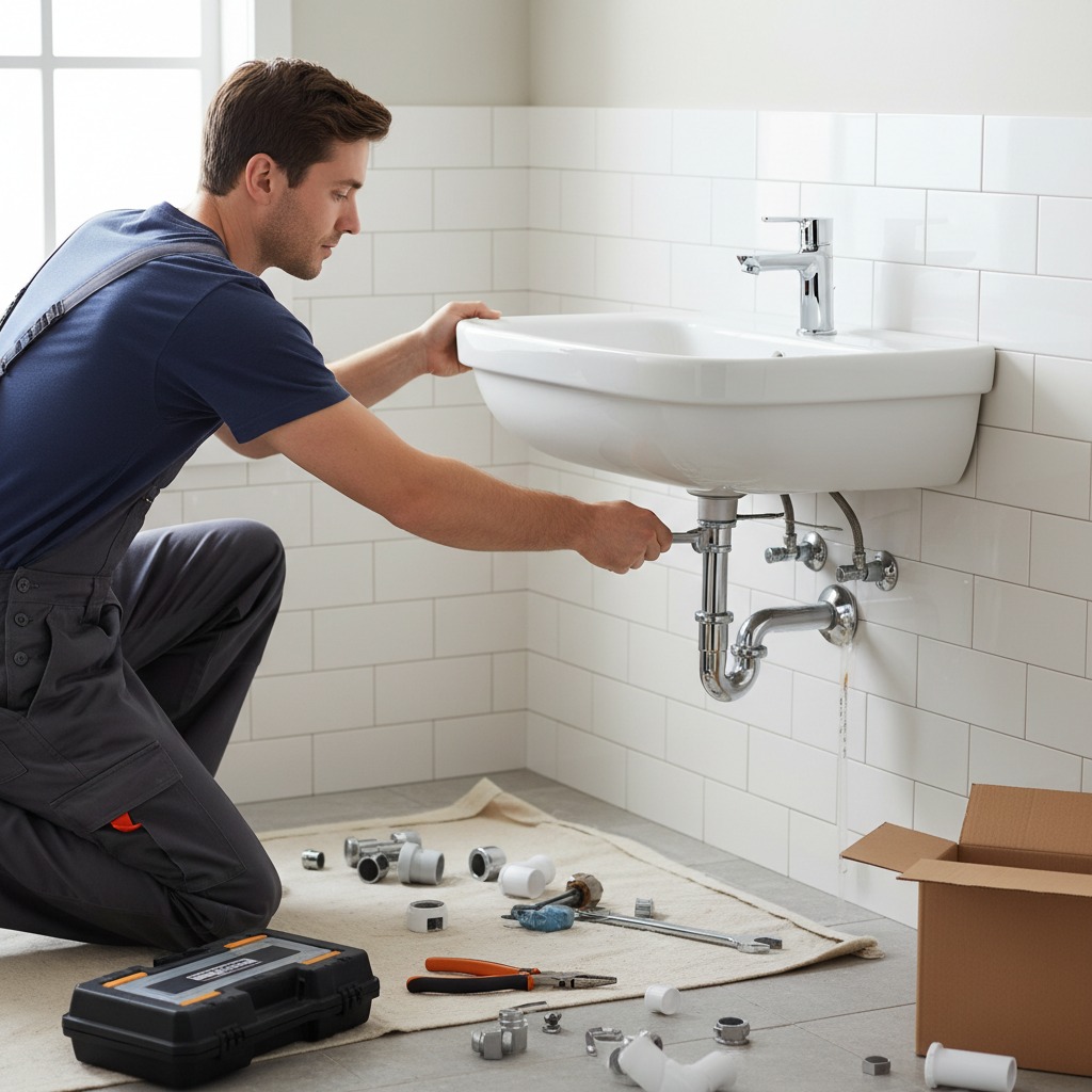es wird ein waschbecken montiert